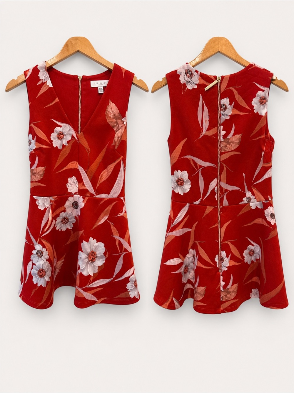 Ted Baker Floral Fit & Flare Dress Red Pink Sleeveless Mini Size 0 XS Pockets